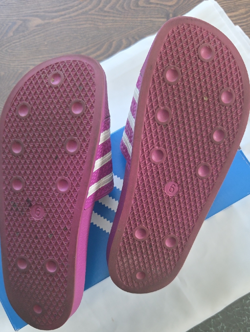 Adidas Adilette Women’s Slide Sandals - Pink/Purple with White Stripes - Picture 2 of 4